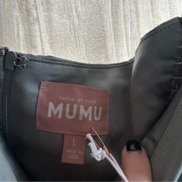 Show‎ Me Your Mumu Shannon One Shoulder Dress Maxi Silver Sage Luxe Satin NWT L - Picture 3 of 8